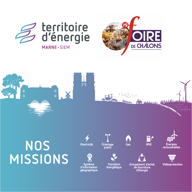 Visuel annonçant la participation du Territoire d’Énergie Marne (SIEM) à la Foire de Châlons 2025.