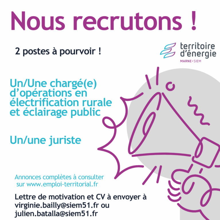Visuel annonçant le recrutement de deux postes disponibles au sein du Territoire d’Énergie Marne (SIEM).